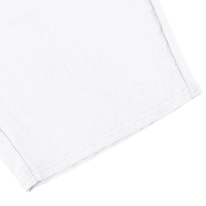 Close-up of double-stitched hem and fine linen texture on men's white summer polo shirt