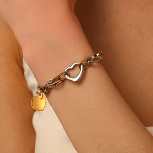 Bracelet Chaîne Épaisse Pendentif Cœur Acier Inoxidable Or Argent Couleur Contraste Bijoux Mode Femme