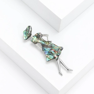 Artistic silver alloy girl brooch with colorful abalone shell inlay for women's suits