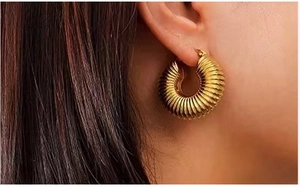 Thick ribbed gold hoop earrings, stainless steel 18k gold plated hollow chunky hoop.