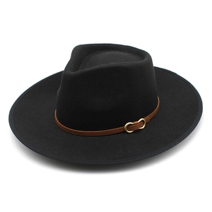 Classic black wool fedora hat with brown leather band and gold buckle on white background