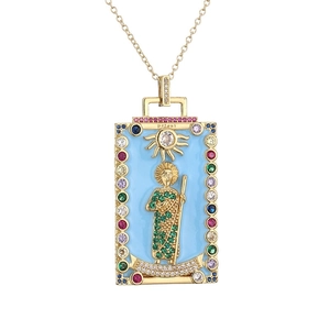 Gold tarot priest pendant necklace with blue enamel and colorful zircon stones