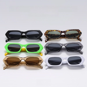 Detail view of stylish square geometric sunglasses frames in various colors