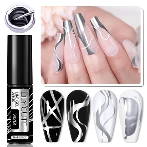 Close-up of silver metallic line gel for nail art with brush and painted design samples