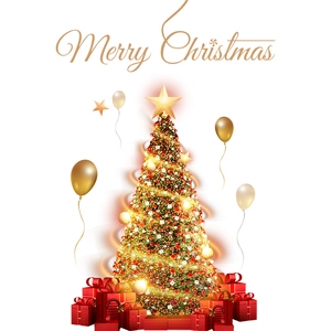 Golden Christmas tree with glowing ornaments and red gift boxes on white background