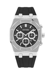 Detail of multi-functional black textured dial with three sub-dials on silver sports watch