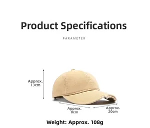 Distressed khaki cotton baseball cap with dimension labels showing 13cm height and 8cm brim