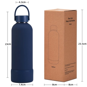 Deep blue 500ml double-layer stainless steel thermos bottle with silicone base and box