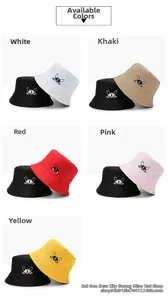 Detailed grid view of reversible cotton bucket hats with cute bunny embroidery in 5 colors