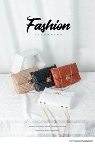 Detailed display of four quilted chain bags in beige, black, brown and white colors