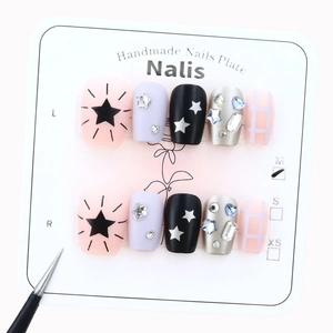Handmade press-on nails with pink plaid patterns and sparkling rhinestones 10pcs set