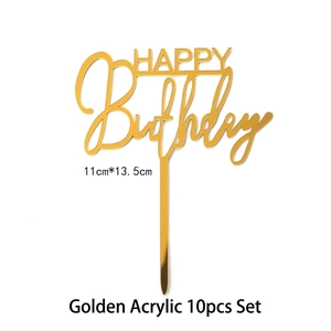 Close-up of golden acrylic HAPPY BIRTHDAY cake toppers measuring 11cm by 13.5cm