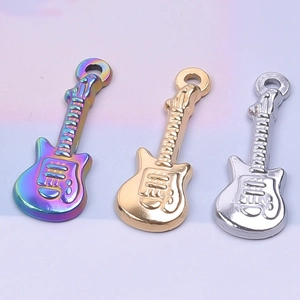 Detail view of guitar pendants in iridescent, gold, and silver stainless steel finishes