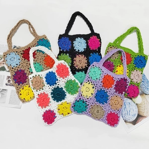 Handmade crochet floral tote bags in various colors with vintage patchwork design