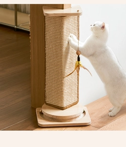 Sisal scratching post detail with interactive wooden track ball and feather toy