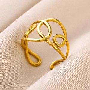 Macro detail of 18k gold plated stainless steel ring with abstract layered geometric design