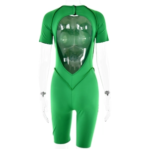 Detail view of green short-sleeve romper with open back cutout on a mannequin