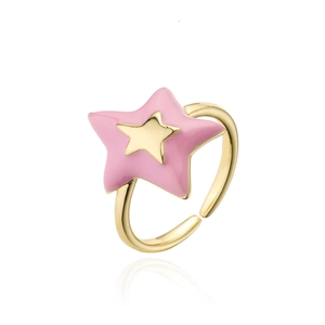 Detail of pink enamel star ring with adjustable gold plated band and 18k finish
