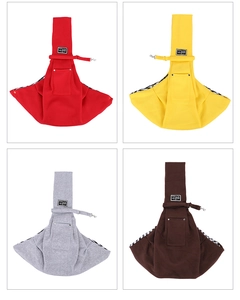 Detailed view of portable pet sling bags in red, yellow, grey, and coffee knit fabric