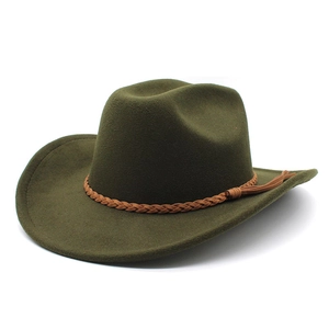 Detail of army green felt cowboy hat with classic brown braided decorative band