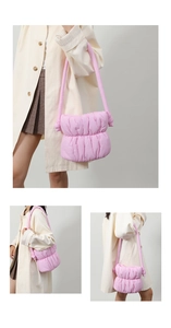 Collage of pink puffer hobo bag showing various angles on model with sleek nylon fabric