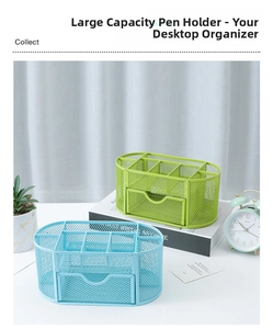 Close-up of metal mesh desk organizer with multiple compartments and a small drawer