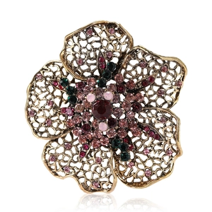Vintage gold alloy flower brooch with multicolor rhinestones for women suit