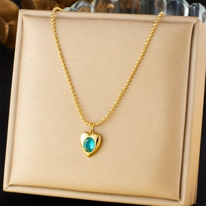 Stainless Steel Heart Pendant Necklace With Blue Gemstone Inlay Gold Plated Bead Chain Fashion Jewelry For Women