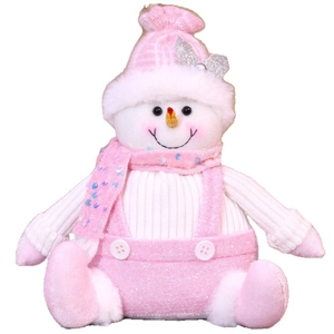 Pink and white sequined snowman plush doll with knit hat and scarf for Christmas decor