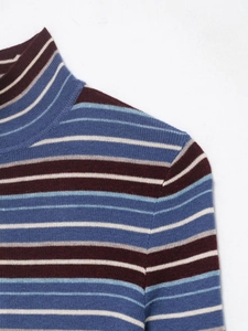 Close-up of high turtleneck and shoulder seams on multicolor striped knit sweater