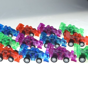 Detailed close-up of 62mm colorful transparent pull-back formula racing cars for kids
