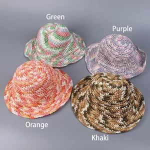 Handmade crochet summer sun hats in green, purple, orange and khaki colors