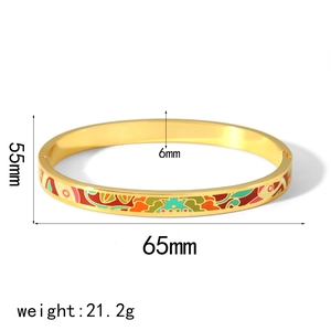 Chinese style 18k gold stainless steel enamel floral bangle with colorful painted motifs