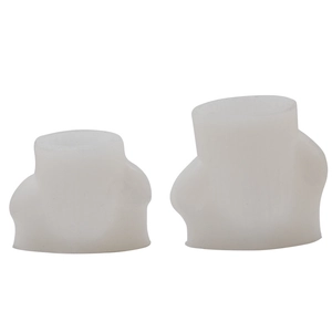 Two pieces of white translucent silicone toe correctors in different sizes for foot care