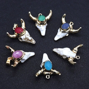 Bull Head Pendant Skull Charms Resin Alloy Gold Plated Inlaid Colorful Stones DIY Jewelry Making Accessories Retro Style