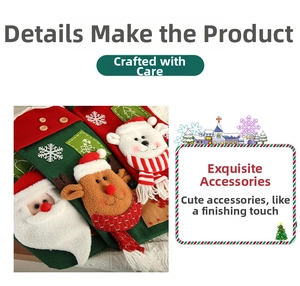 Detail of Christmas knitted stockings with 3D Santa, Reindeer and Bear plush characters