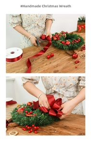 DIY Christmas wreath kit with pine needles, red berries, cones, and satin ribbon on wood