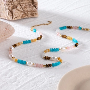 18k gold plated stainless steel necklace with natural tiger eye and pearls