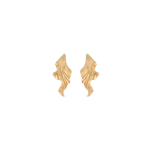 Detailed view of golden irregular wavy stud earrings with a modern metallic finish