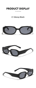 Close-up of black square sunglasses showing frame dimensions and CE mark on temples