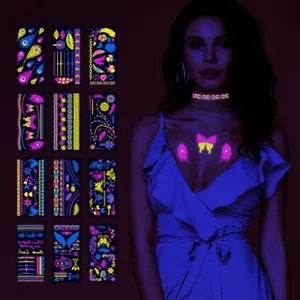 Neon temporary tattoo stickers with glowing butterfly and bohemian patterns for music festivals