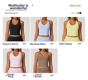 Detailed palette of racerback yoga vests in black, blue, yellow, pink, and brown tones