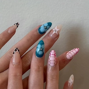 Leopard Print French Star Flower Press On Nails Artificial Pearl Embellished ABS Material Almond Shape Artificial Nails