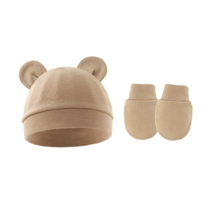Newborn baby hat and mittens set in camel cotton knit with cute bear ear details