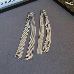 Detailed close-up of silver knotted tassel earrings featuring sleek metallic snake chains