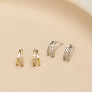 Minimalist 925 silver needle earrings with gold and silver zircon double arc design