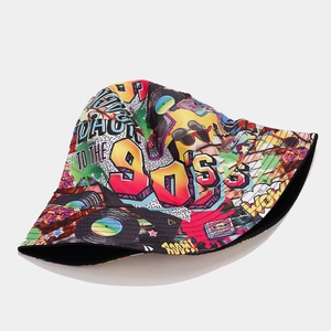 Retro graffiti bucket hat with 80s pop culture prints and reversible black inner side