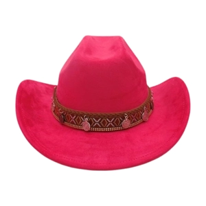 Detail of rose pink western cowboy hat with ethnic braided band and bronze pendants