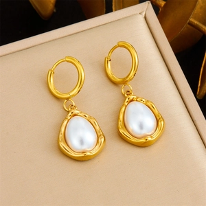 Vintage French Gold Plated Stainless Steel Large Teardrop Artificial Pearl Pendant Earrings For Women Elegant Fashion Jewelry