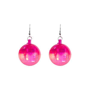 Detailed view of pink translucent disco ball earrings with faceted acrylic design
